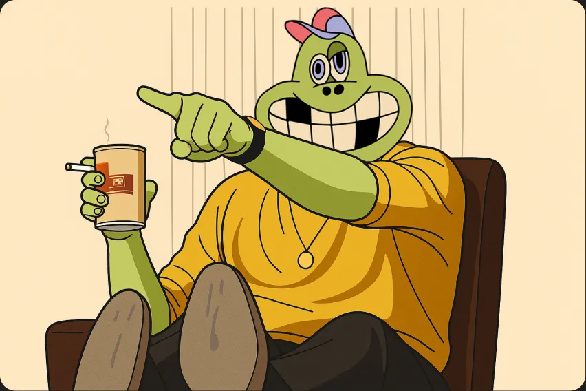 Meme: frog pointing with a drink