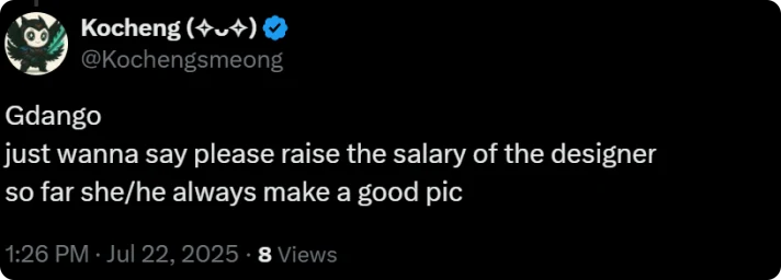 Tweet. Kocheng: just wanna say please raise the salary of the designer, so far they always make a good pic.